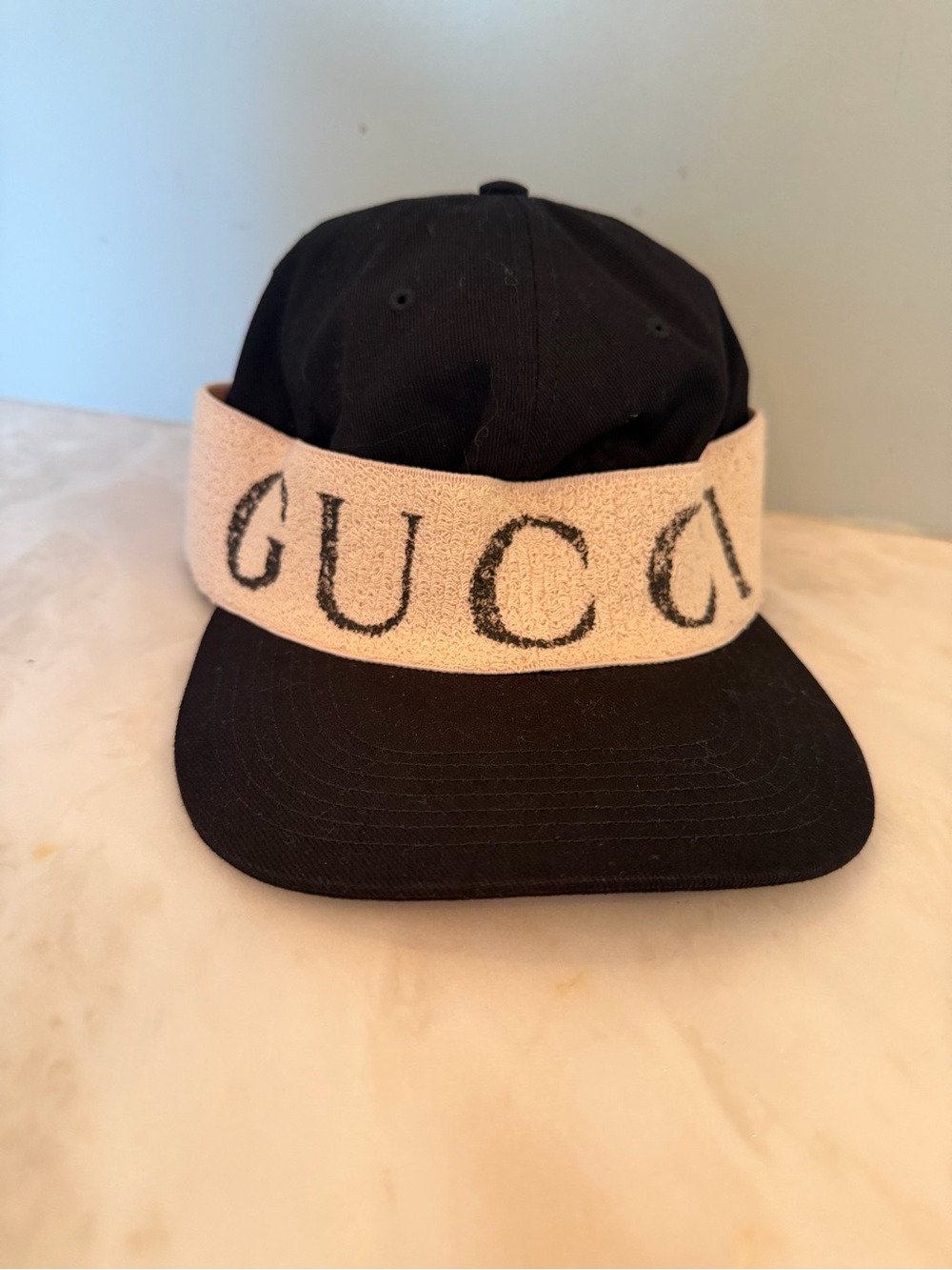 Gucci Black Cap with Cream Logo Band - Distressed Lettering